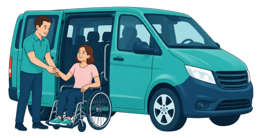 Illustration : une personne en fauteuil roulant embarque dans un minibus adapté à l'aide d'une rampe, accompagnée par un chauffeur